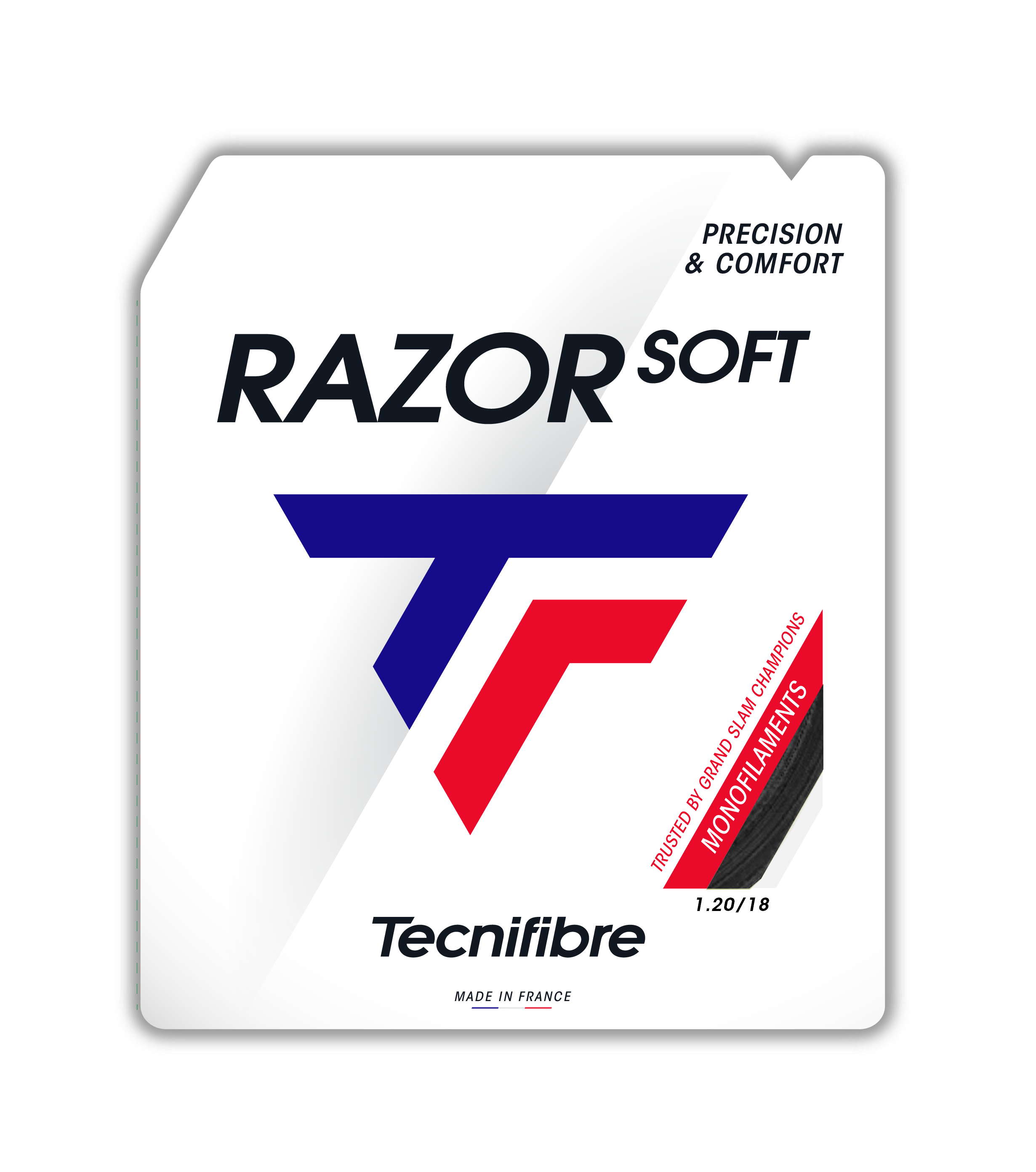 Tecnifibre Razor Soft tennis string packaging, white with blue and red logo, black string sample.