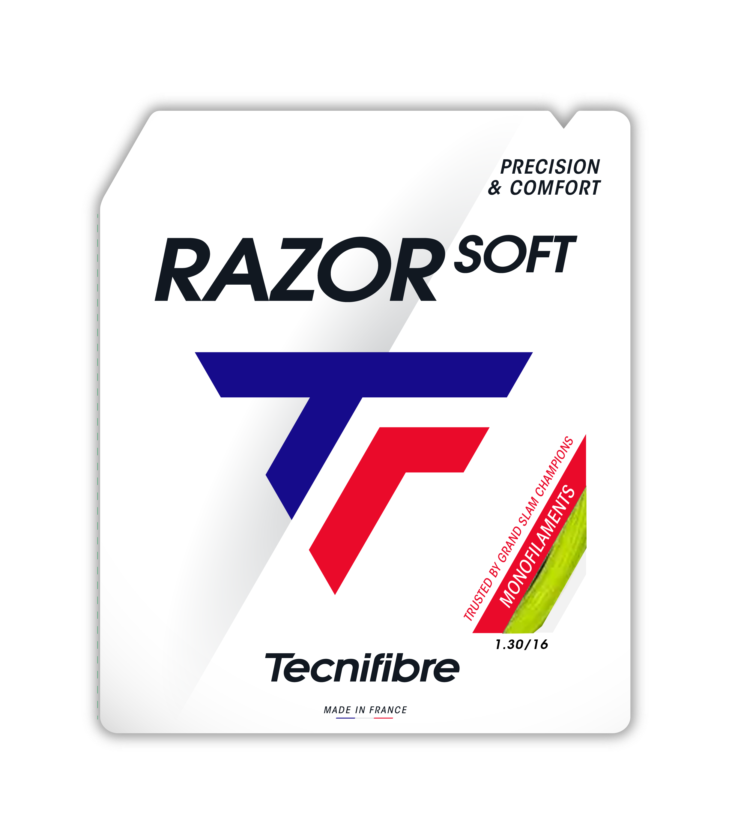 Tecnifibre Razor Soft tennis string packaging, white with blue and red logo, lime string sample, 1.30 gauge.