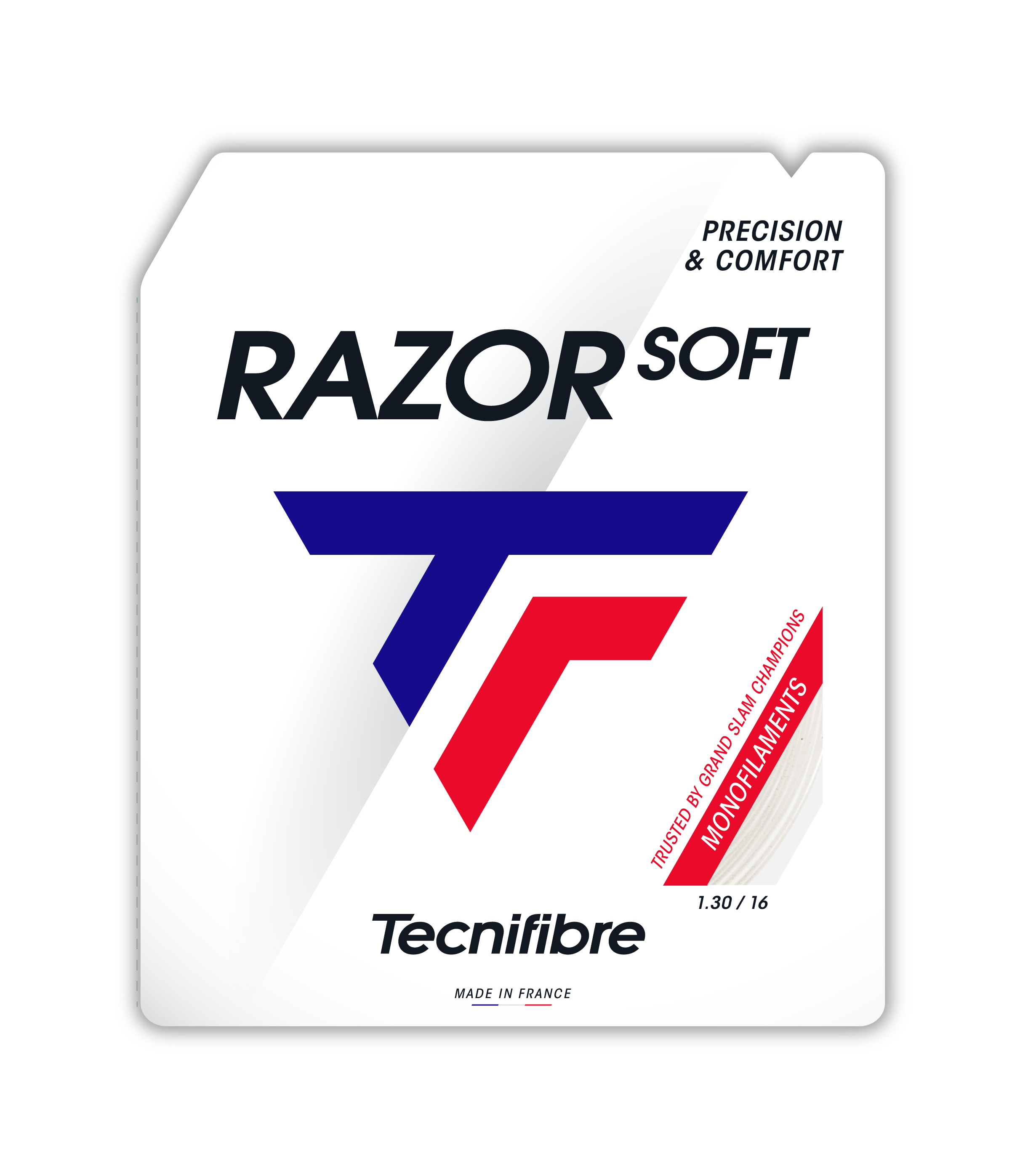 White Tecnifibre Razor Soft 1.30/16 polyester tennis string packaging with blue and red logo.