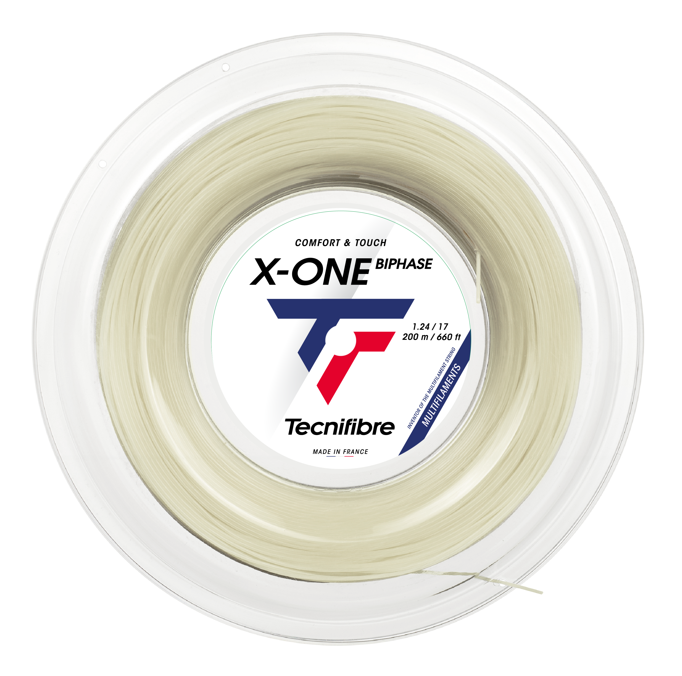 Tecnifibre X-One Biphase multifilament tennis string in natural, 1.24 gauge, on a clear spool.