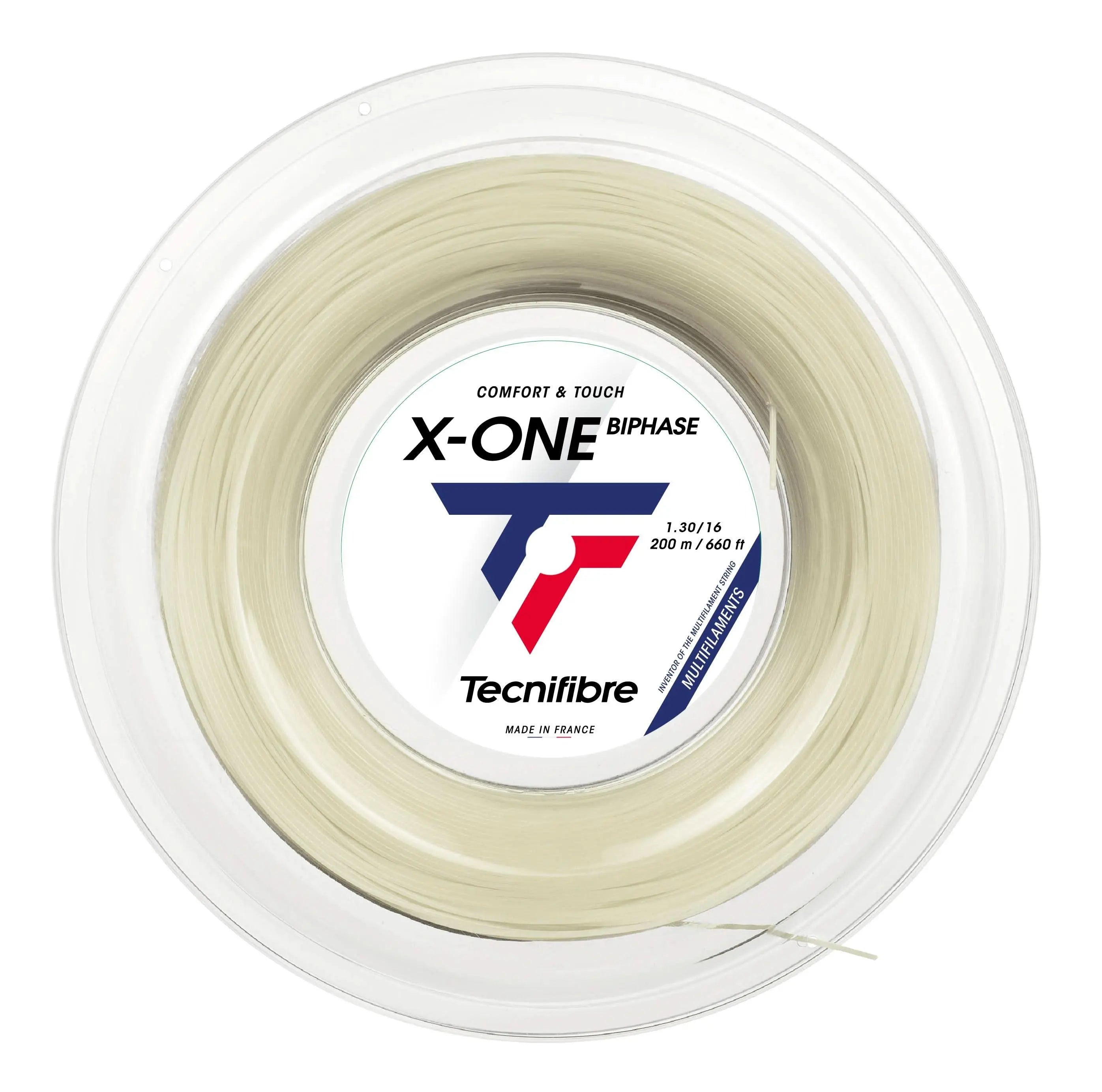 Tecnifibre X-One Biphase natural multifilament tennis string reel, 1.30mm, 200m, in clear packaging.