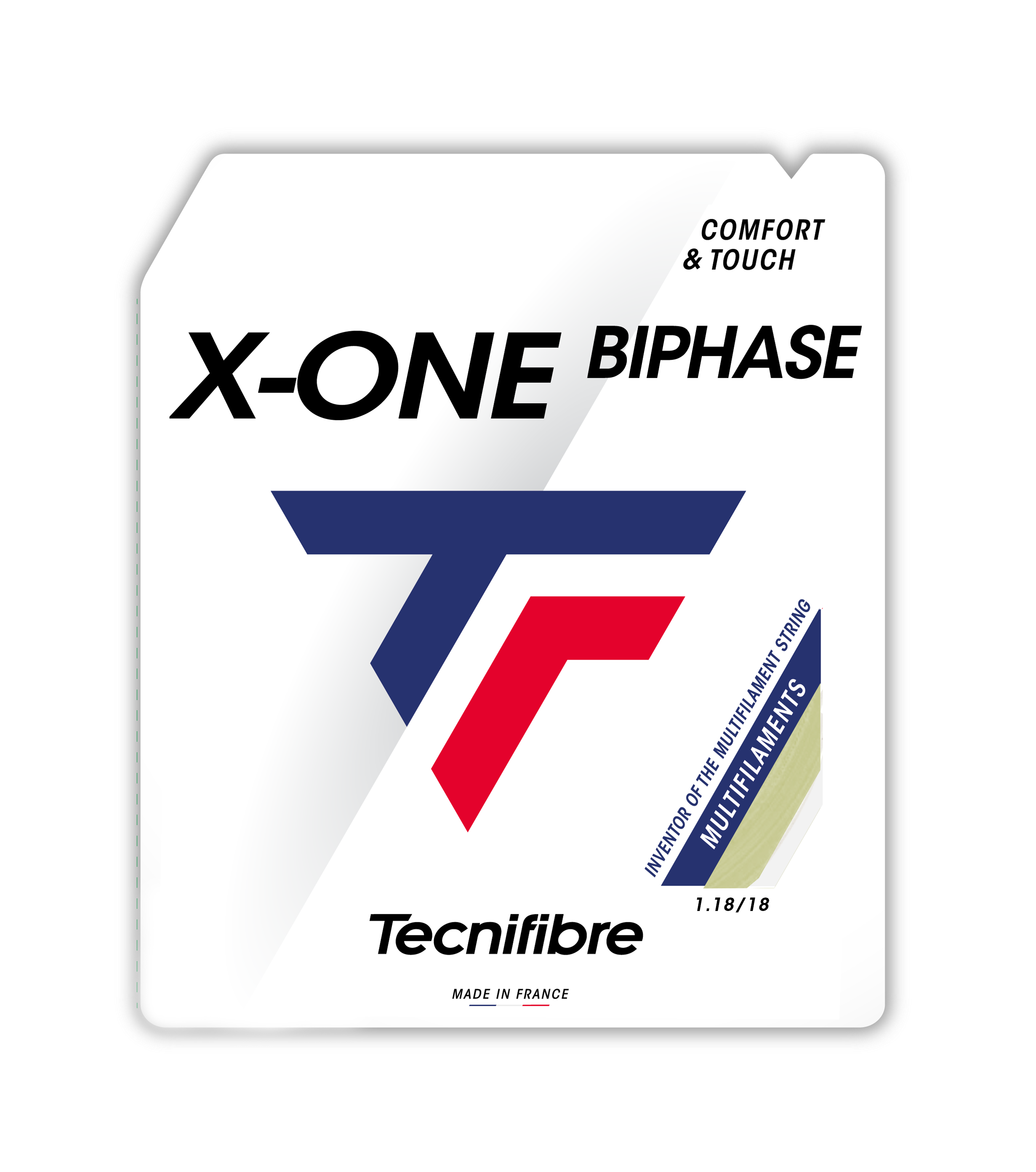 Tecnifibre X-One Biphase multifilament tennis string in natural, 1.18 gauge, with red and blue logo.