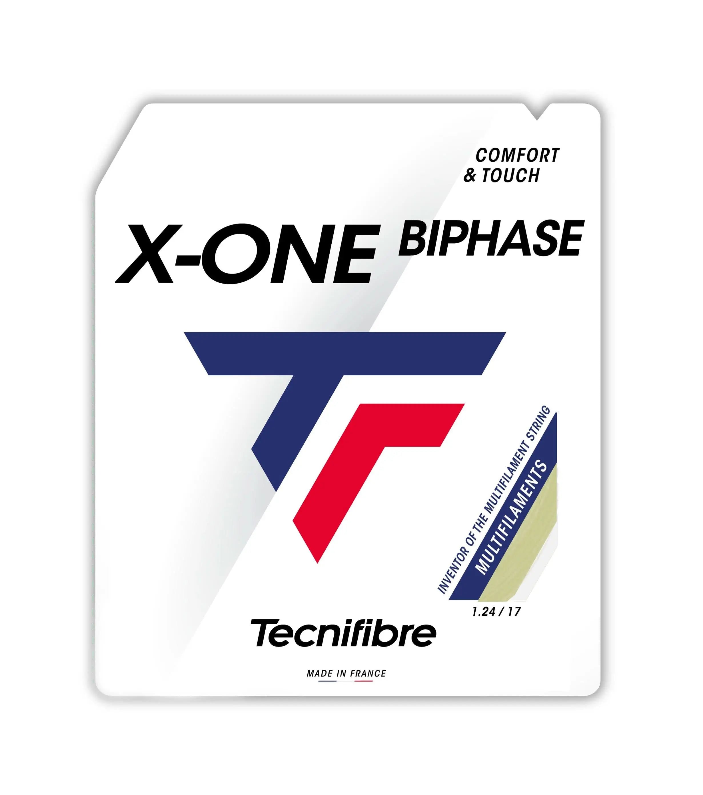 Tecnifibre X-One Biphase multifilament tennis string in natural, 1.24 gauge, on white packaging.