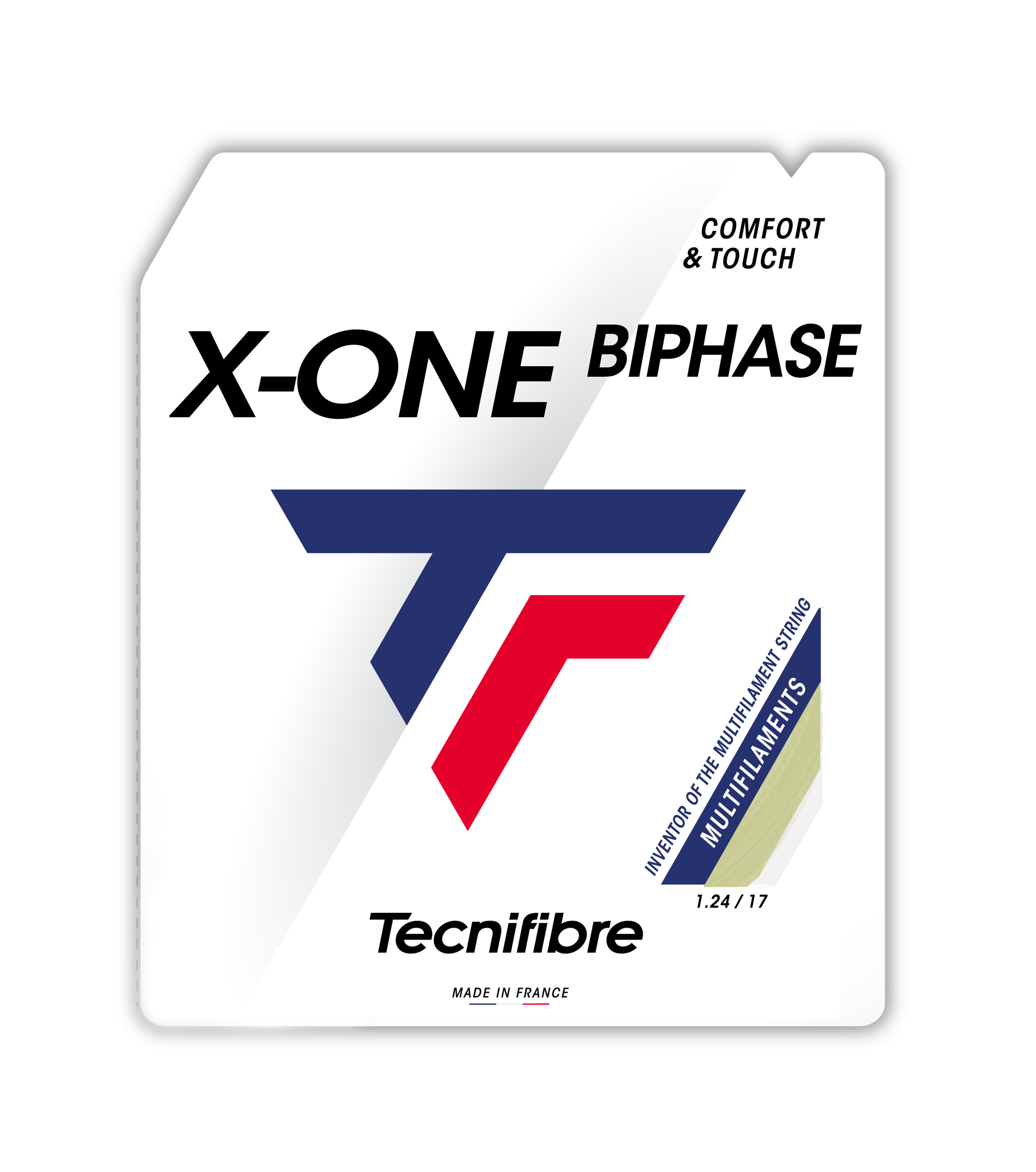 Tecnifibre X-One Biphase multifilament tennis string in natural, 1.24 gauge, on white packaging.