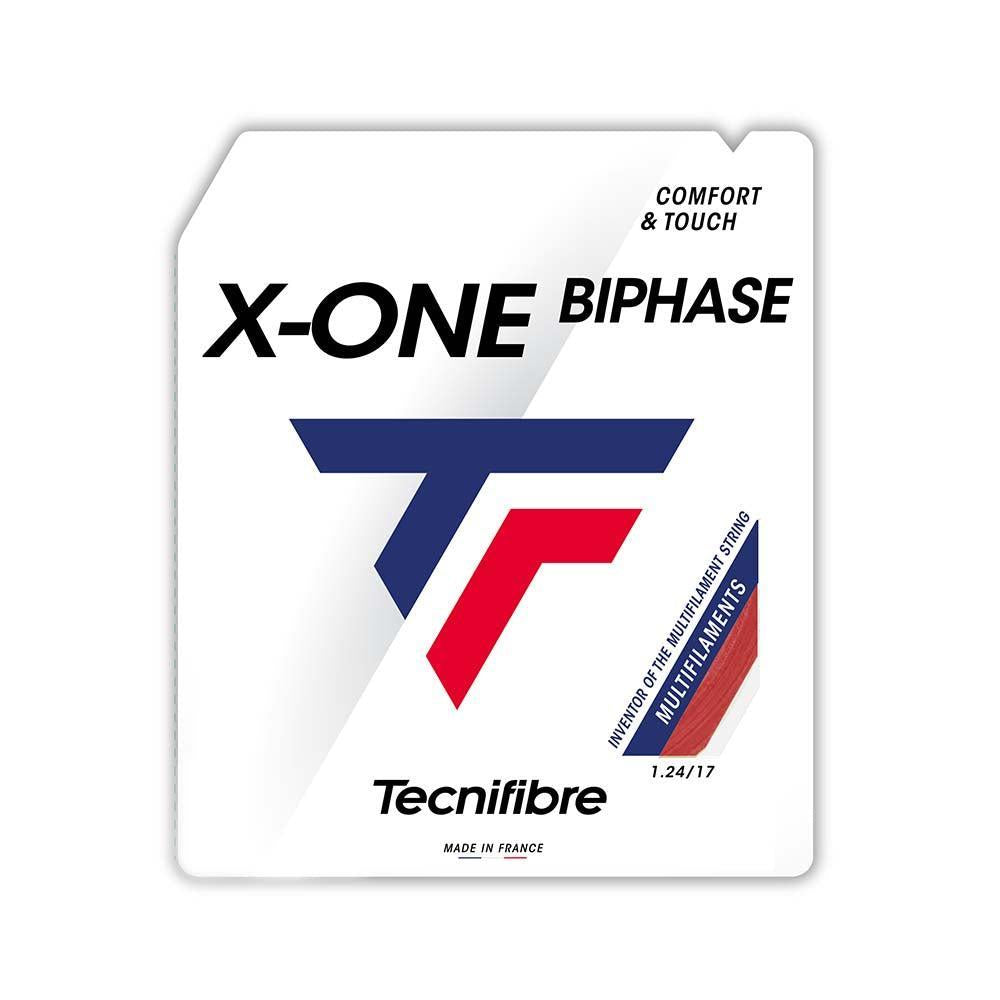 Tecnifibre X-One Biphase multifilament tennis string in red, 1.24 gauge, on white packaging.
