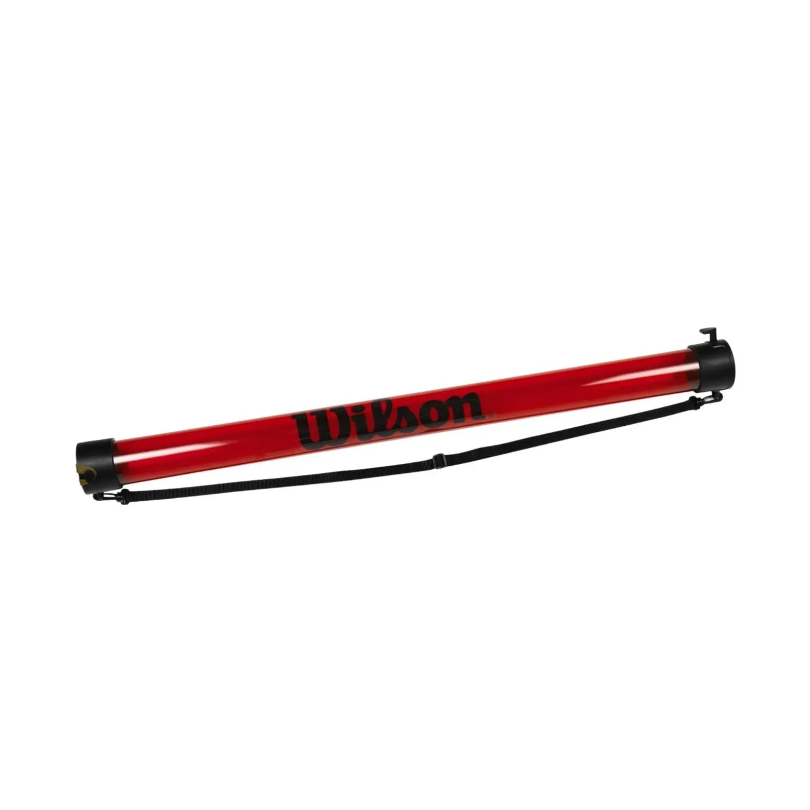 Red Wilson tennis ball pick-up tube with black logo and shoulder strap, designed for easy collection.