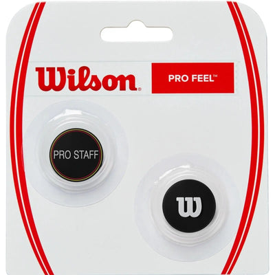 Wilson Pro Feel Pro Staff tennis dampeners, white with black logos, in clear blister packaging.