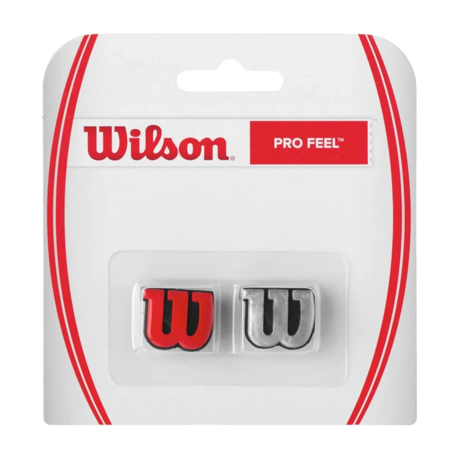 Wilson Pro Feel W dampeners, one red and one silver, in retail packaging.