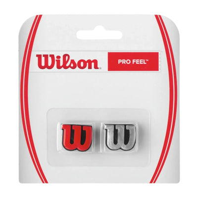 Wilson Pro Feel W dampeners, one red and one silver, in retail packaging.