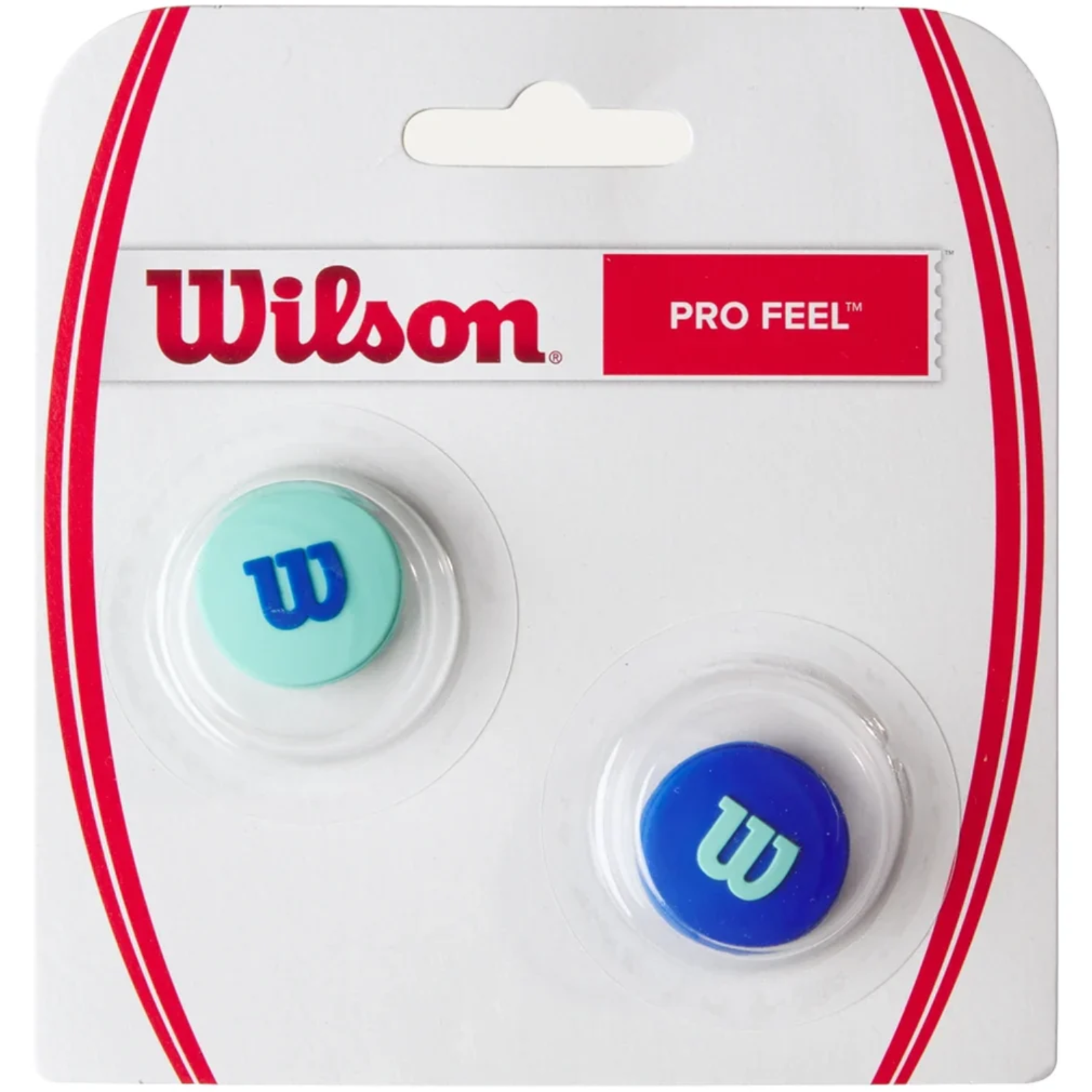Wilson PRO Feel Ultra v5 tennis dampeners, one light blue and one dark blue, in blister packaging.