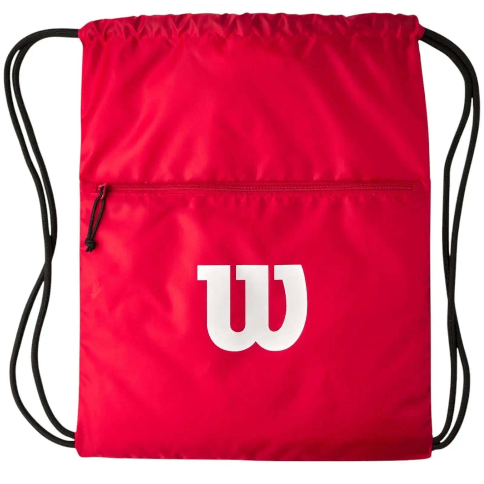 Red Wilson pickleball drawstring bag with white logo, front zip pocket, and black cords.