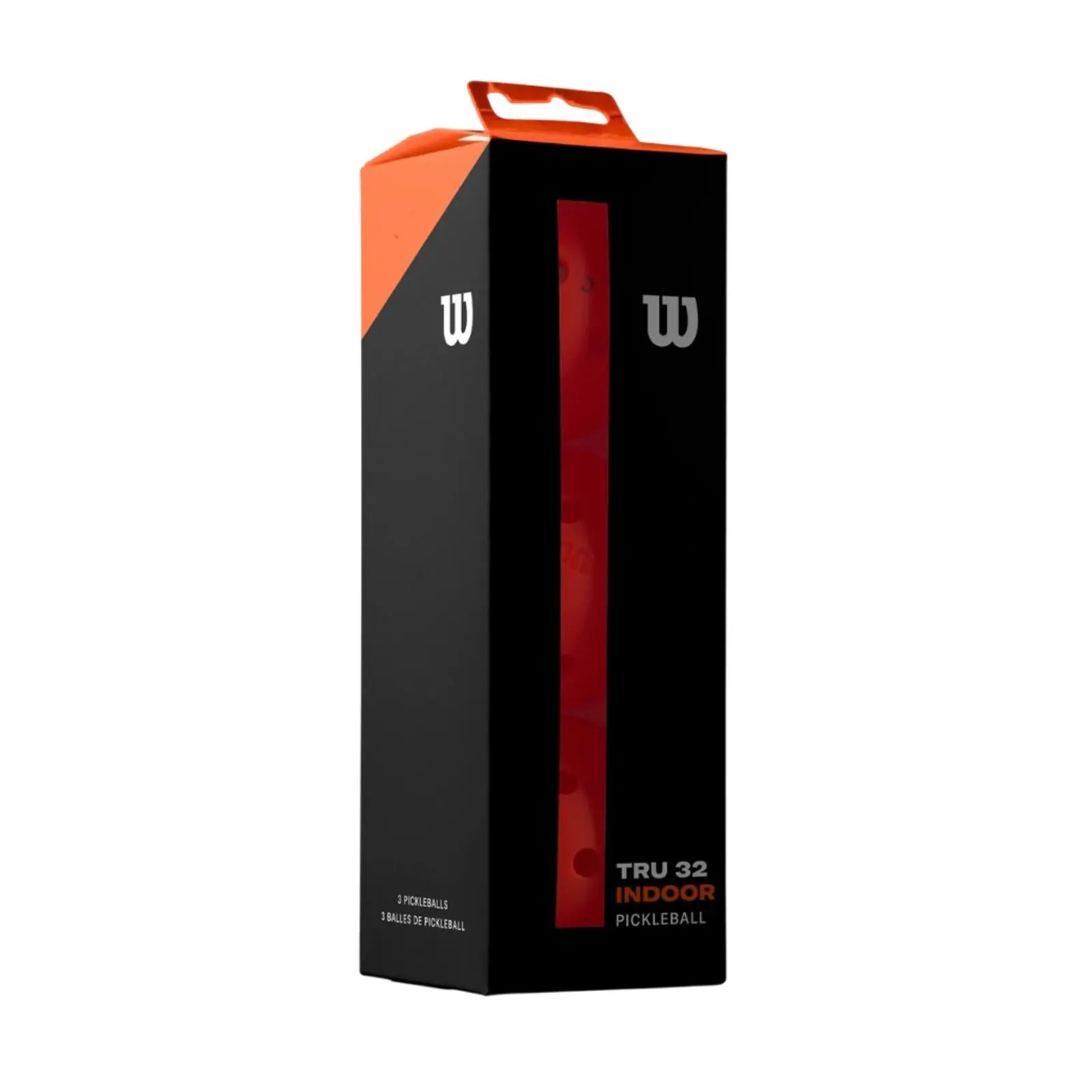 Wilson Tru 32 Indoor Pickleball 3-pack in black and orange packaging, showing orange balls through a clear strip.