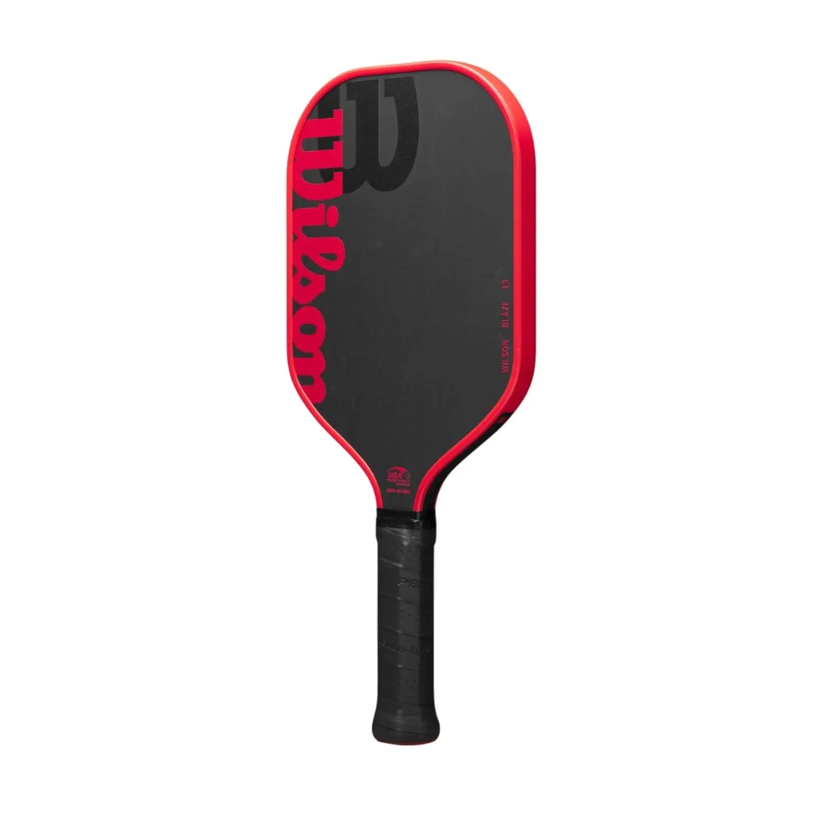 Black and red Wilson Blaze 13mm elongated pickleball paddle with a black grip.