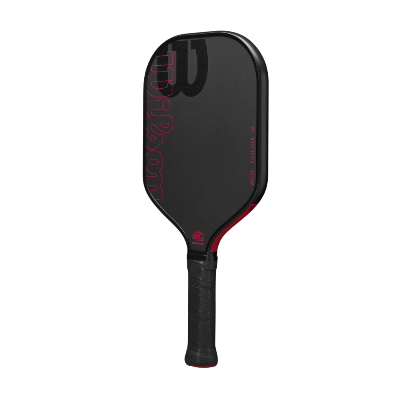 Black Wilson Blaze Tour 16mm pickleball paddle with red accents and logo, featuring a raw carbon fiber surface.