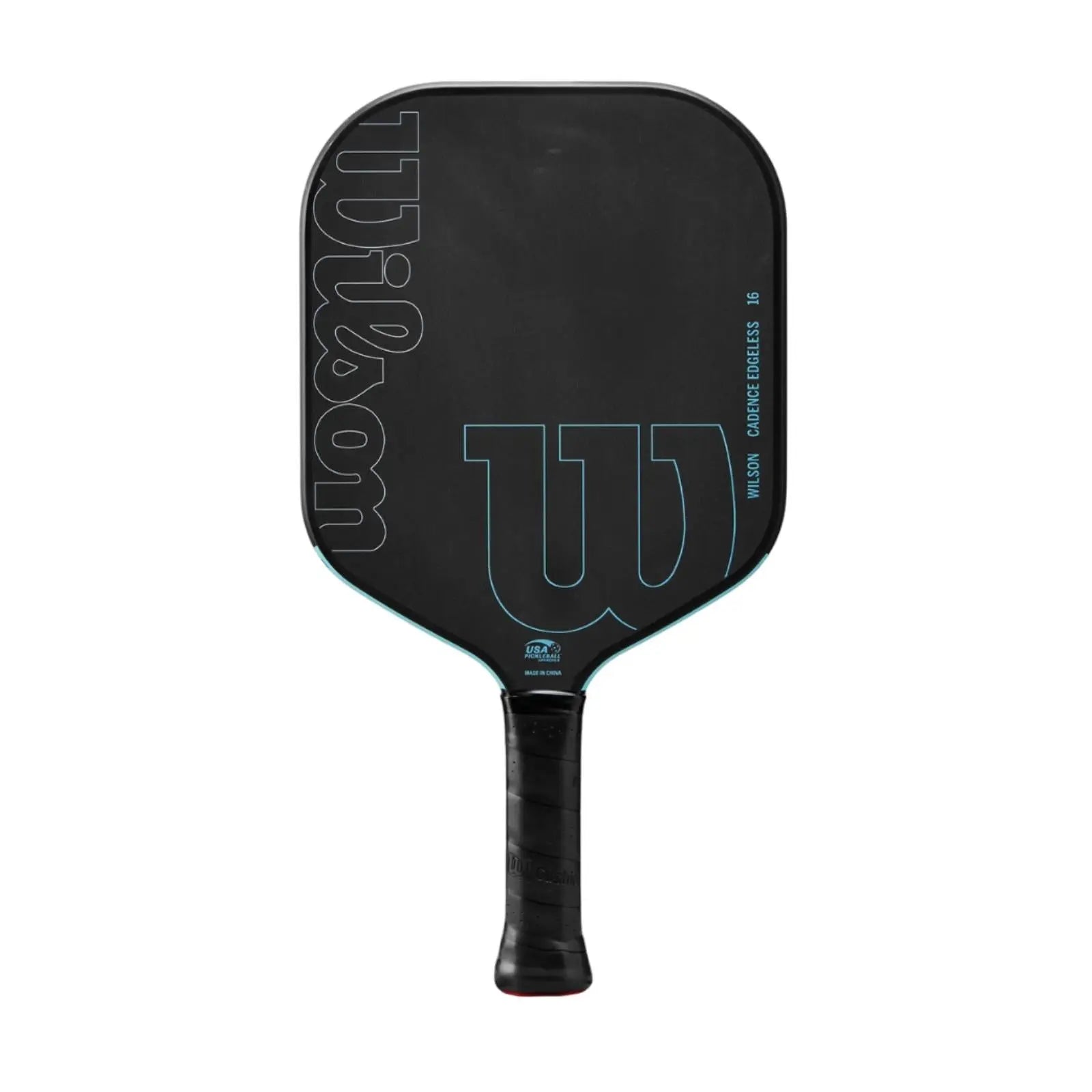 Black Wilson Cadence Edgeless 16 pickleball paddle with light blue accents and a black grip.