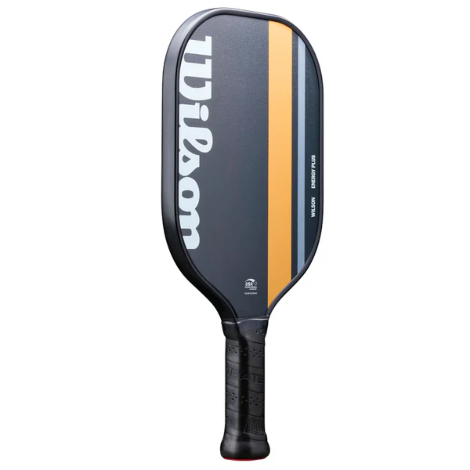 Black Wilson Energy Plus pickleball paddle with orange and gray stripes, black grip, and red end cap.