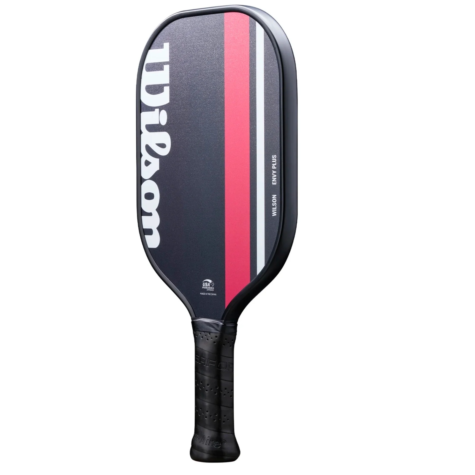 Black Wilson Envy Plus pickleball paddle with red and white stripes, fiberglass face, and protective edge guard.