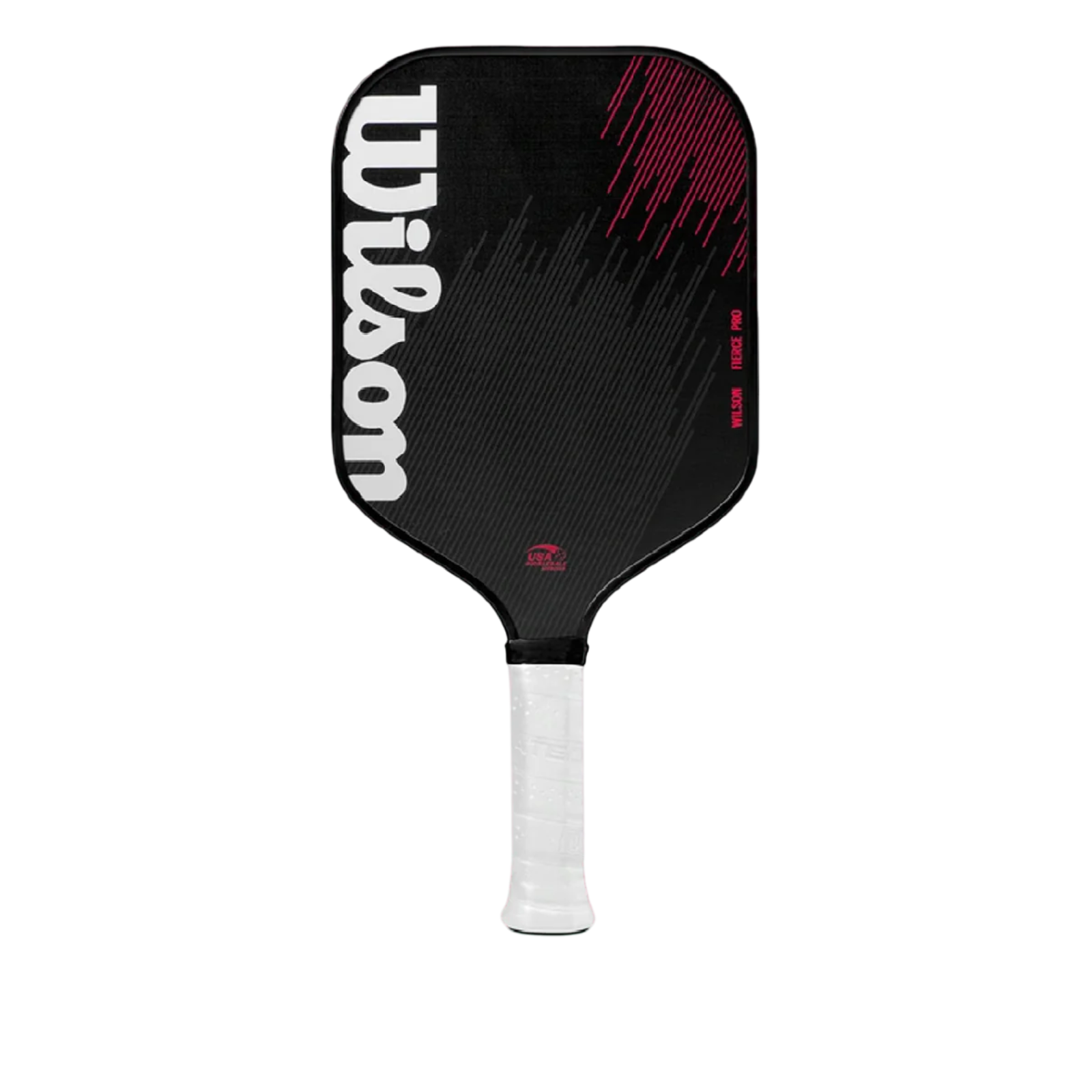 Black Wilson Fierce Pro 13mm pickleball paddle with textured carbon fiber face, pink accents, and white grip.