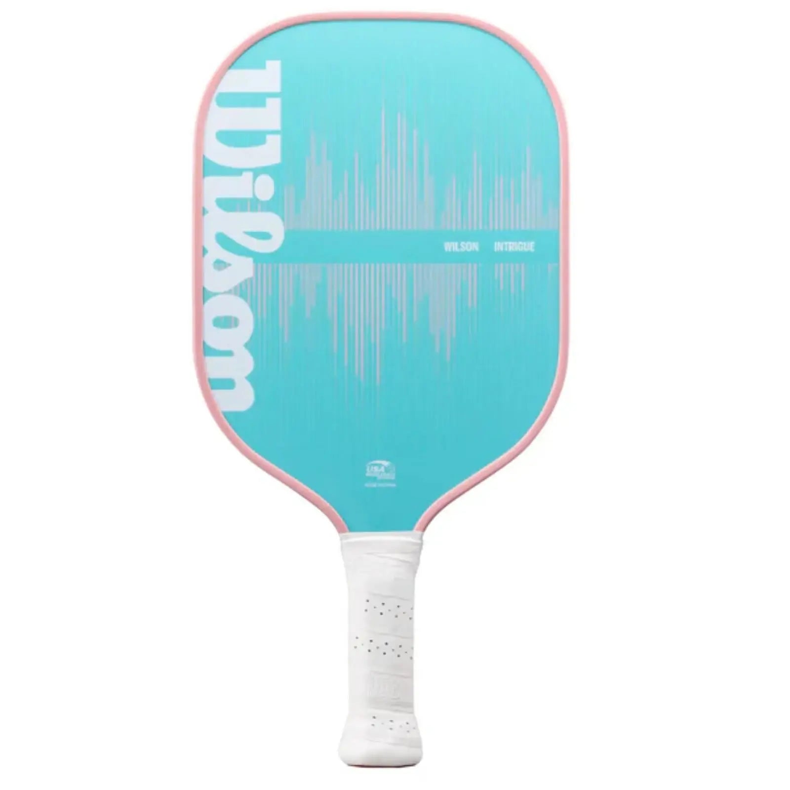 Teal Wilson Intrigue pickleball paddle with a pink edgeguard, white grip, and subtle pink design.