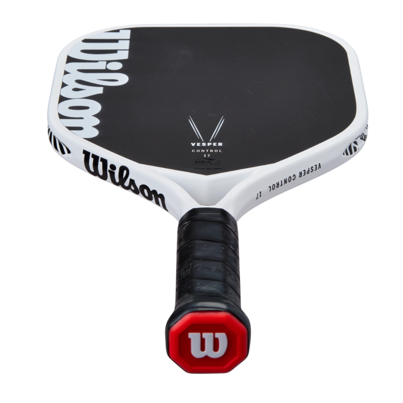 White Wilson Vesper Control 17 pickleball paddle with black raw carbon face and grip, red butt cap.