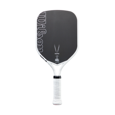 Wilson Vesper Lite pickleball paddle with black woven carbon face, white frame, and extended handle.