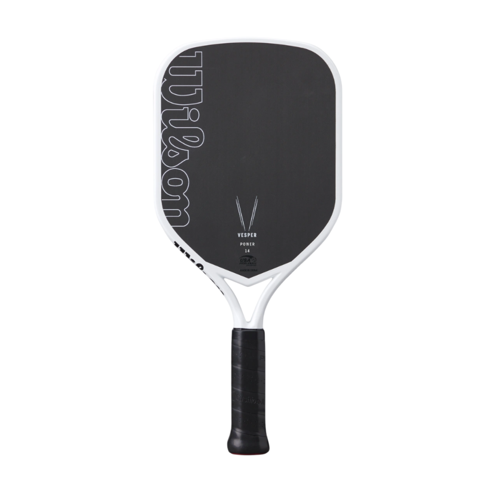 Black and white Wilson Vesper Power 14 pickleball paddle with elongated shape and extended handle.