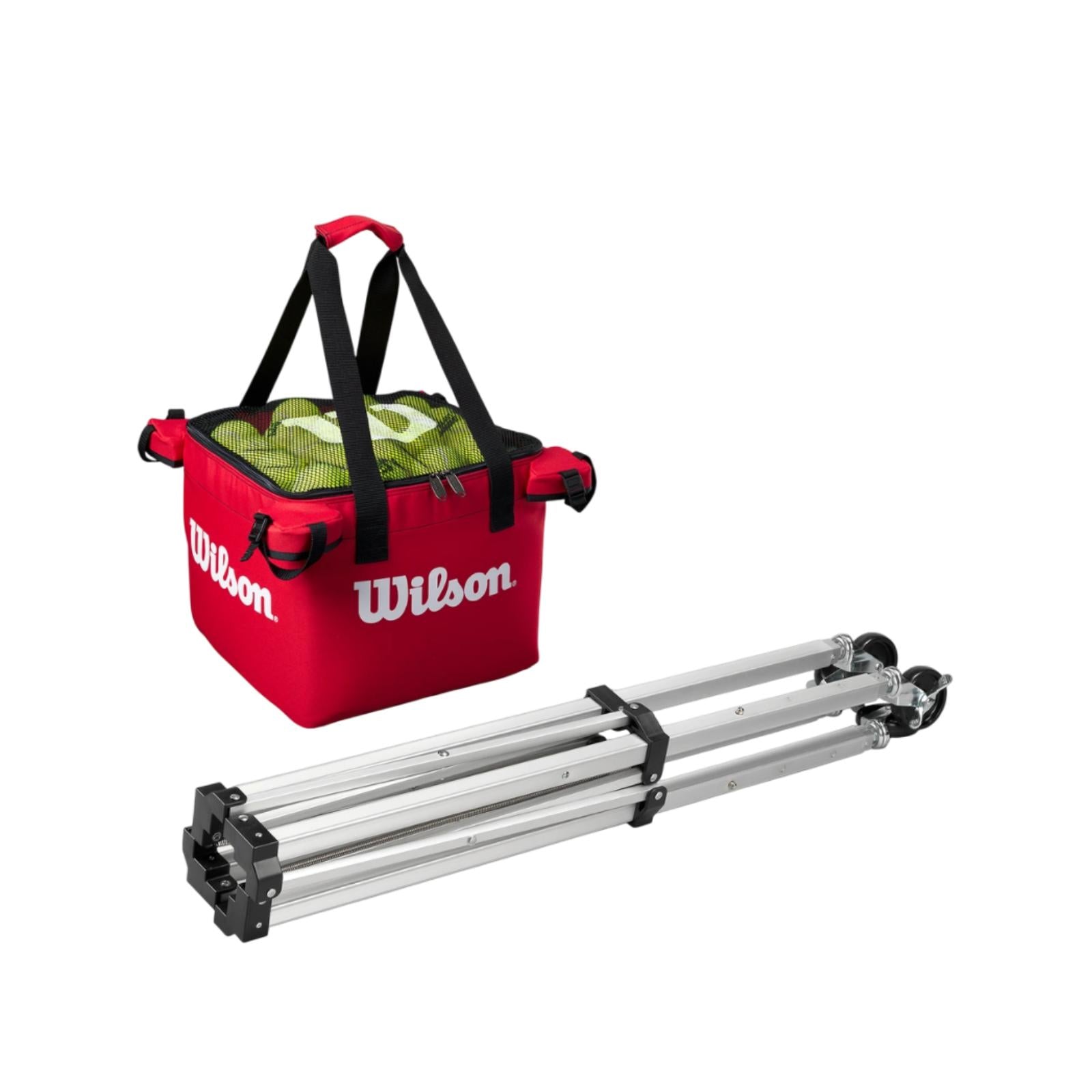Wilson Teaching Cart Red Bag with tennis balls and a folded silver cart frame.