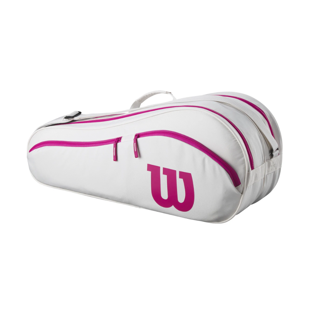 White Wilson Advantage 2025 6 Racquet tennis bag with pink zippers and logo, showing two main compartments.