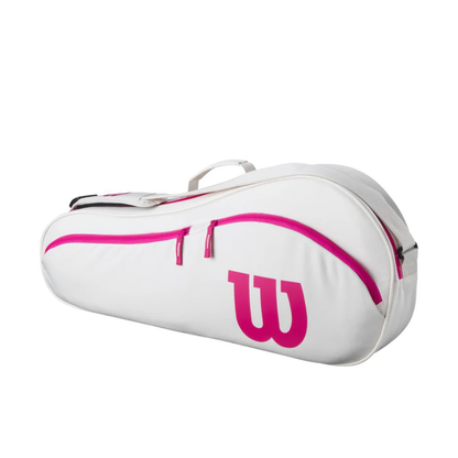 White Wilson tennis bag with pink trim and logo, designed for 3 racquets.