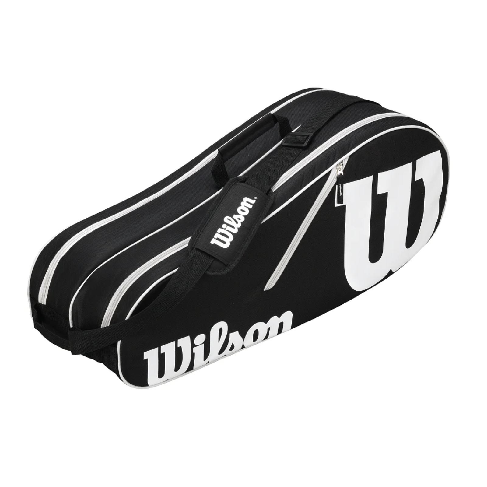 Black Wilson Advantage tennis bag for 6 racquets with white trim, logo, and padded shoulder strap.