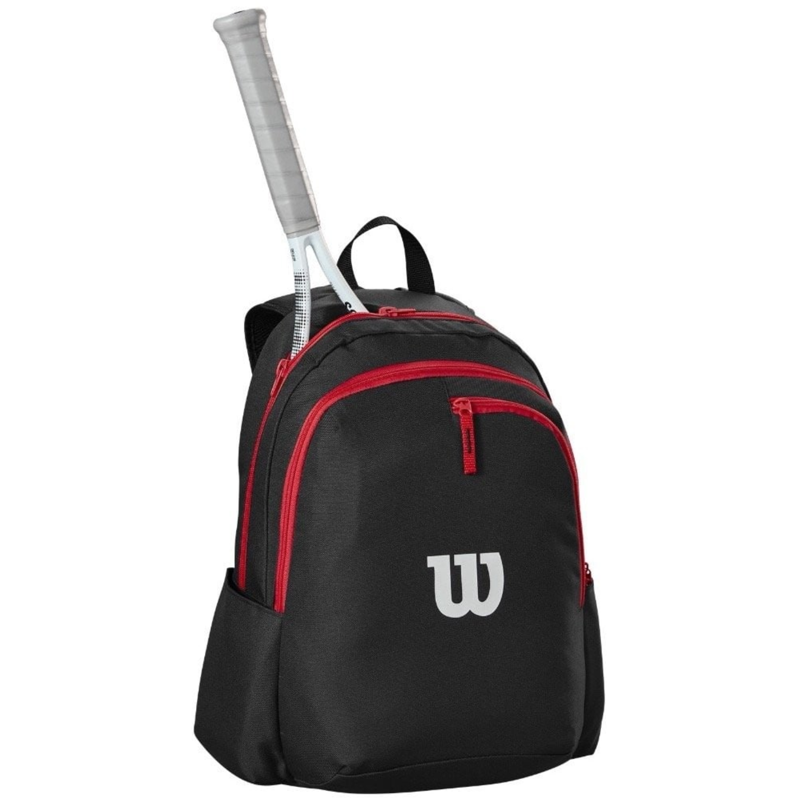 Black Wilson Advantage tennis backpack with red zippers and logo, holding a white tennis racquet.