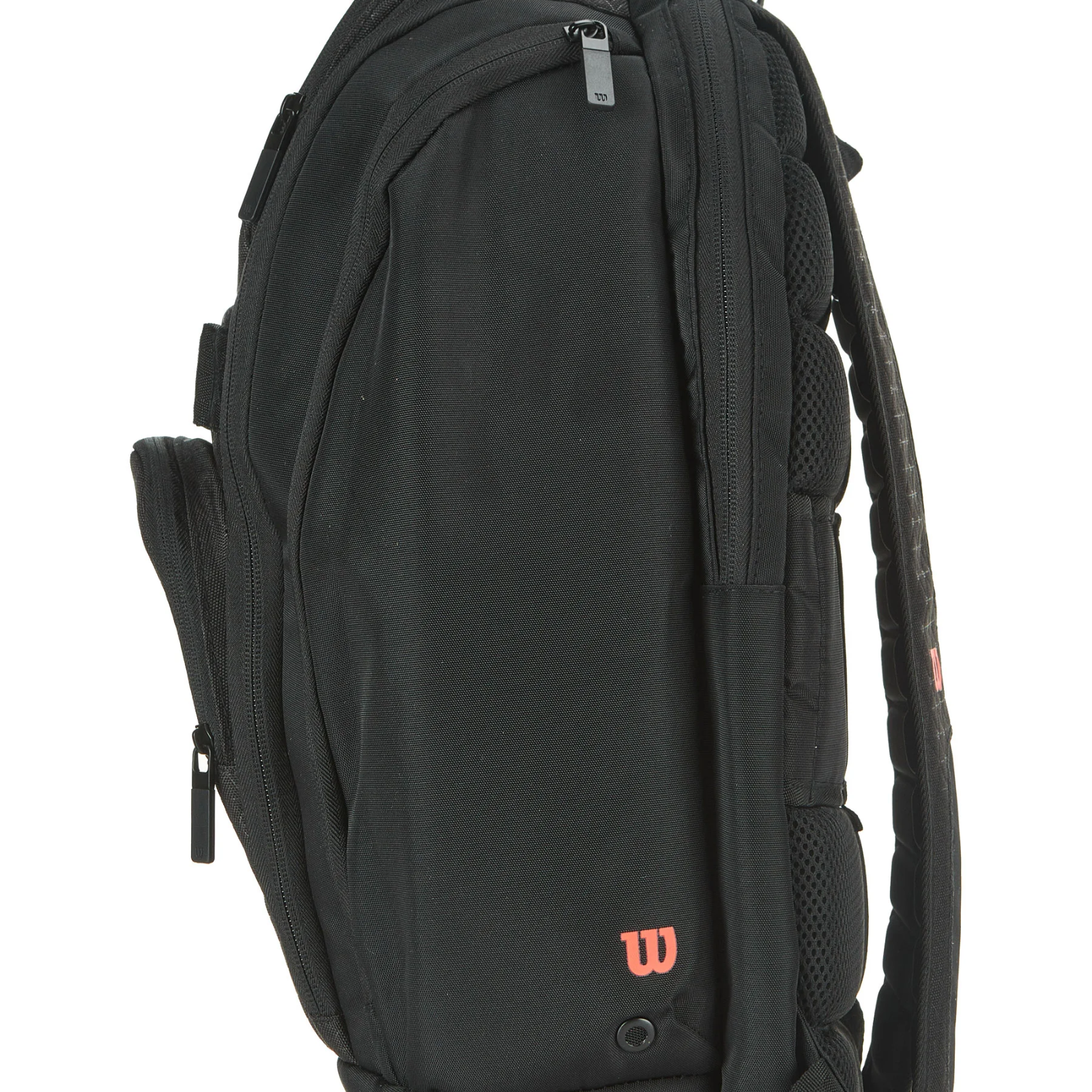 Black Wilson Super Tour Clash v3 tennis backpack with padded straps, multiple zippered compartments, and a red "W" logo.