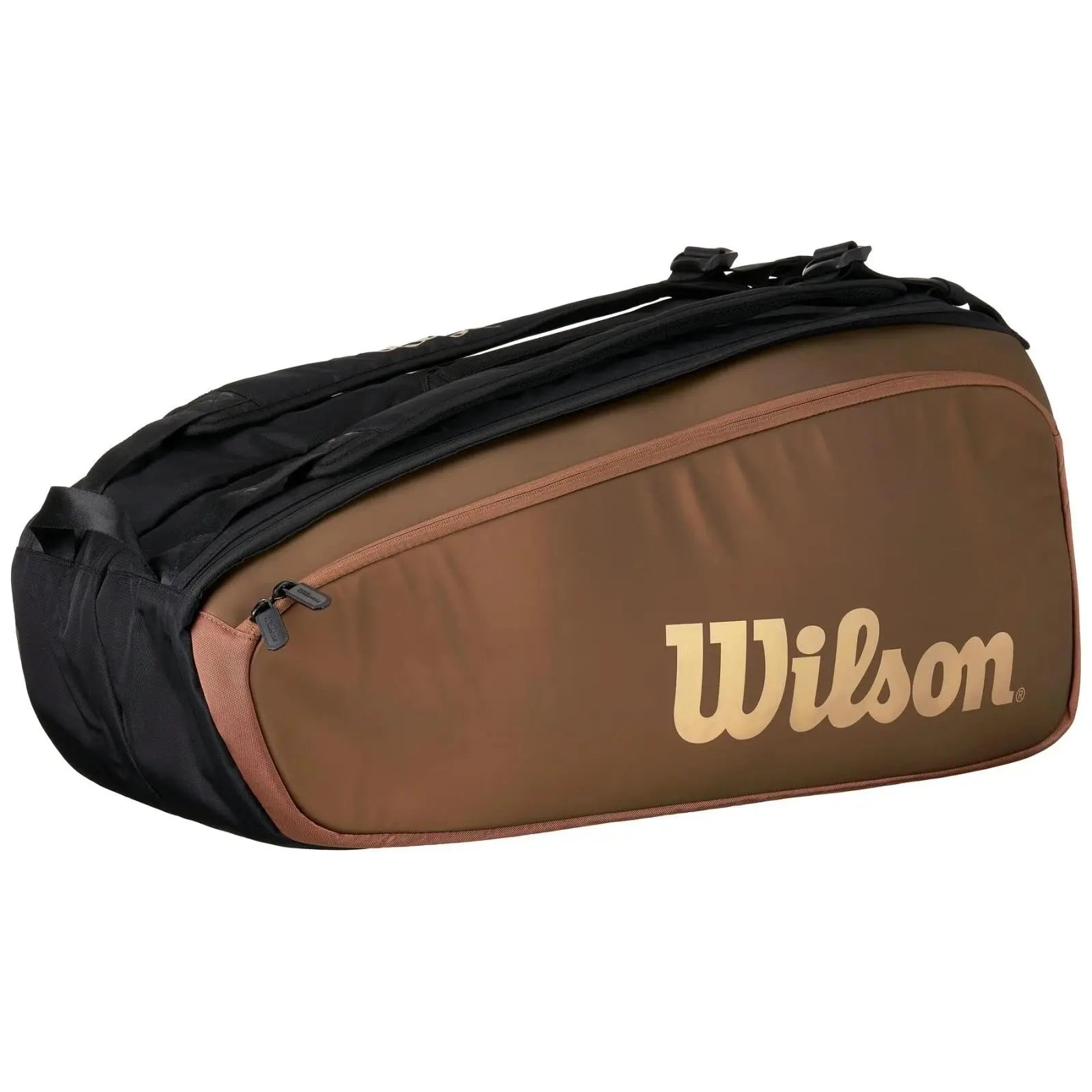 Wilson Super Tour PRO Staff 9 Racquet tennis bag in brown, black, and gold with a large gold Wilson logo.