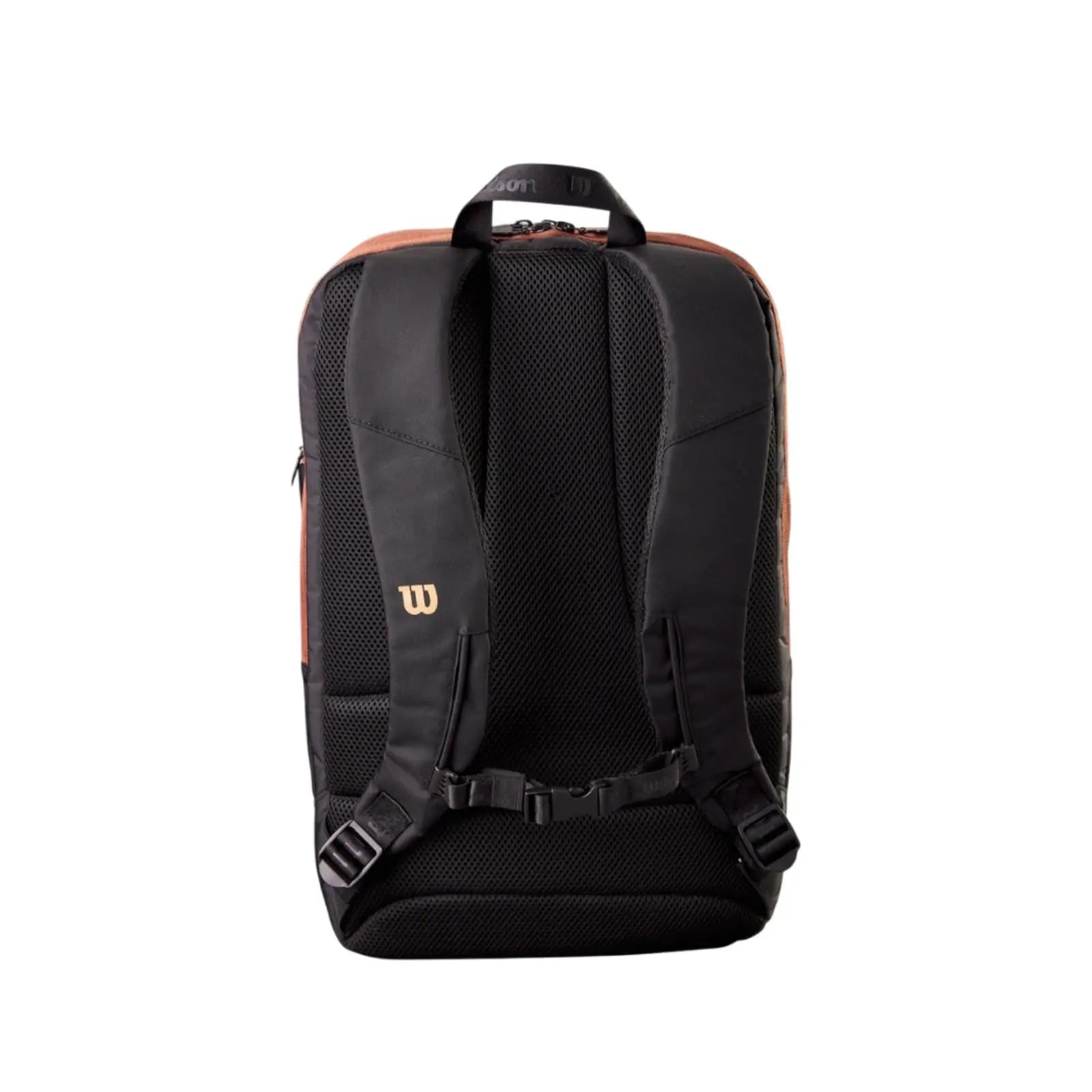 Wilson Super Tour PRO Staff tennis backpack in gold and black, showing padded back and straps.