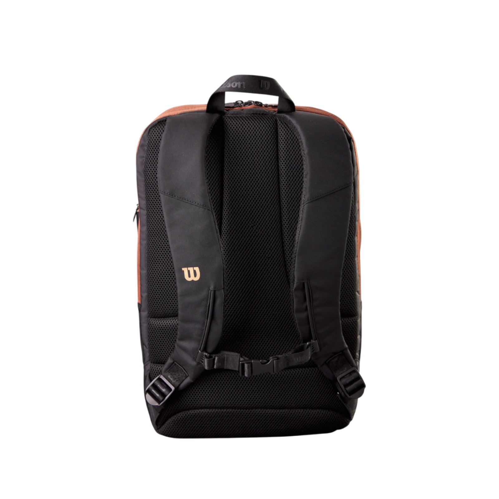 Wilson Super Tour PRO Staff tennis backpack in gold and black, showing padded back and straps.