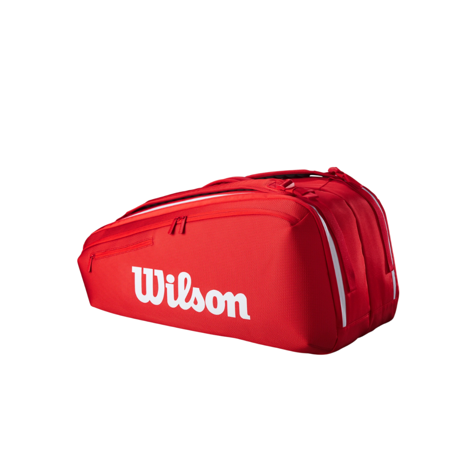 Red Wilson Super Tour tennis bag for 9 racquets, featuring white accents and multiple zippered compartments.
