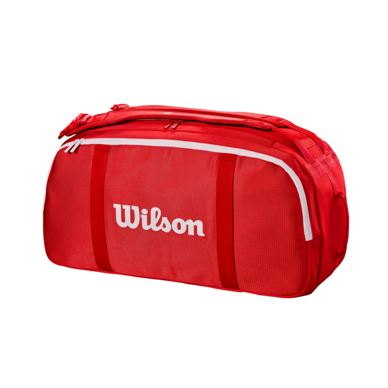Red Wilson Super Tour Coaches Duffle bag with white logo, zippers, and trim.