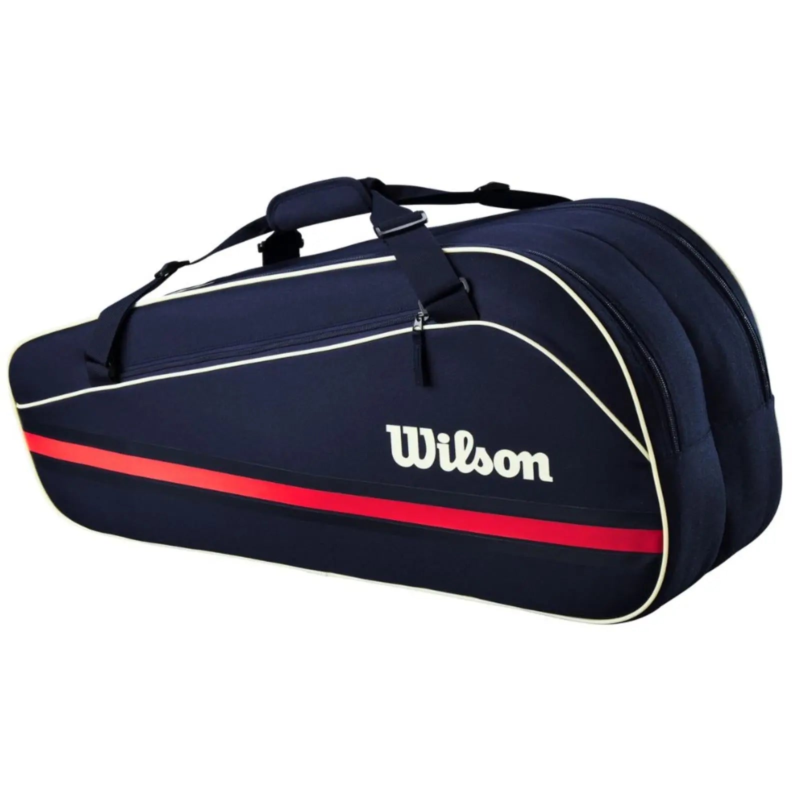 Navy Wilson Team 6 Pack tennis bag with red stripes, white piping, and adjustable handles.
