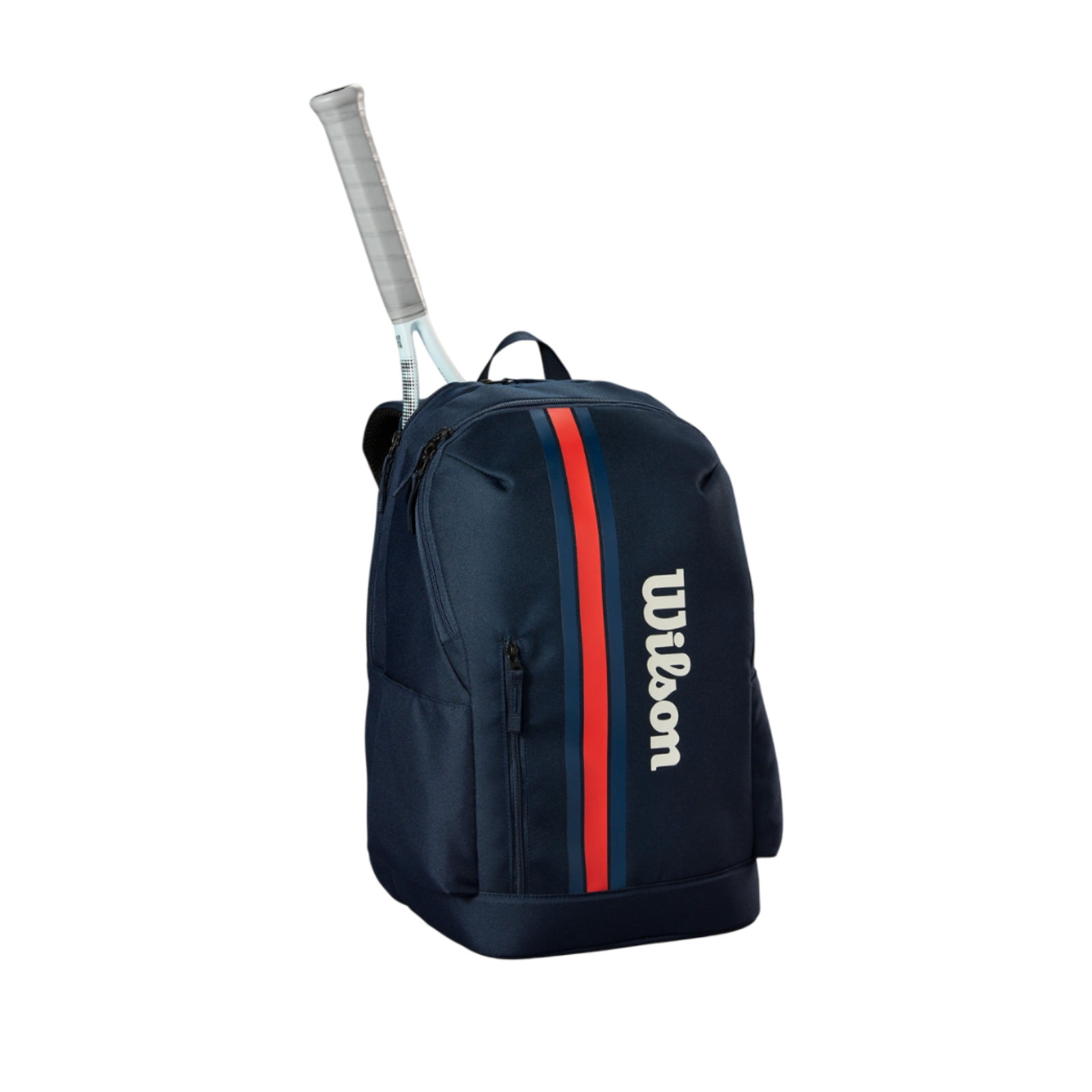 Navy Wilson tennis backpack with red and blue stripes, a white logo, and a racket handle visible.