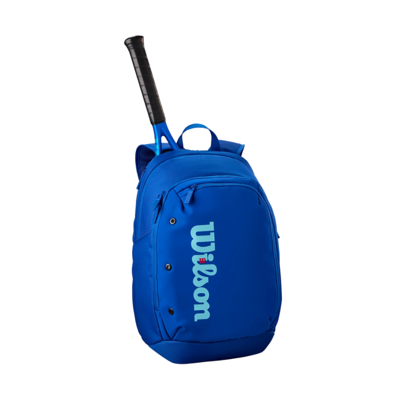 Wilson Ultra v5 Tour Backpack in blue, holding a tennis racket, with front zip pockets.