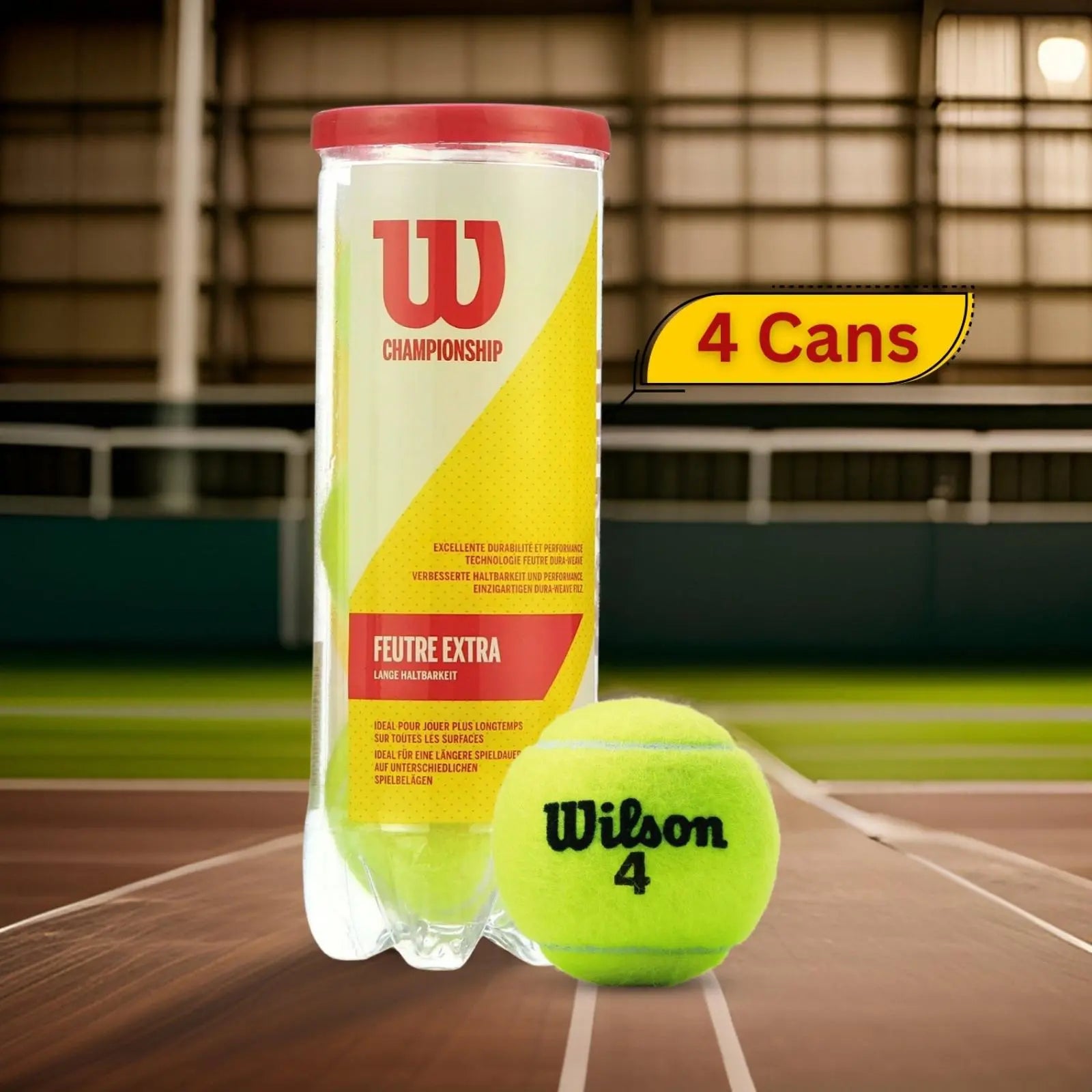 Wilson Championship Extra Duty tennis balls in a clear 4-ball can, with one ball in front, on a tennis court.