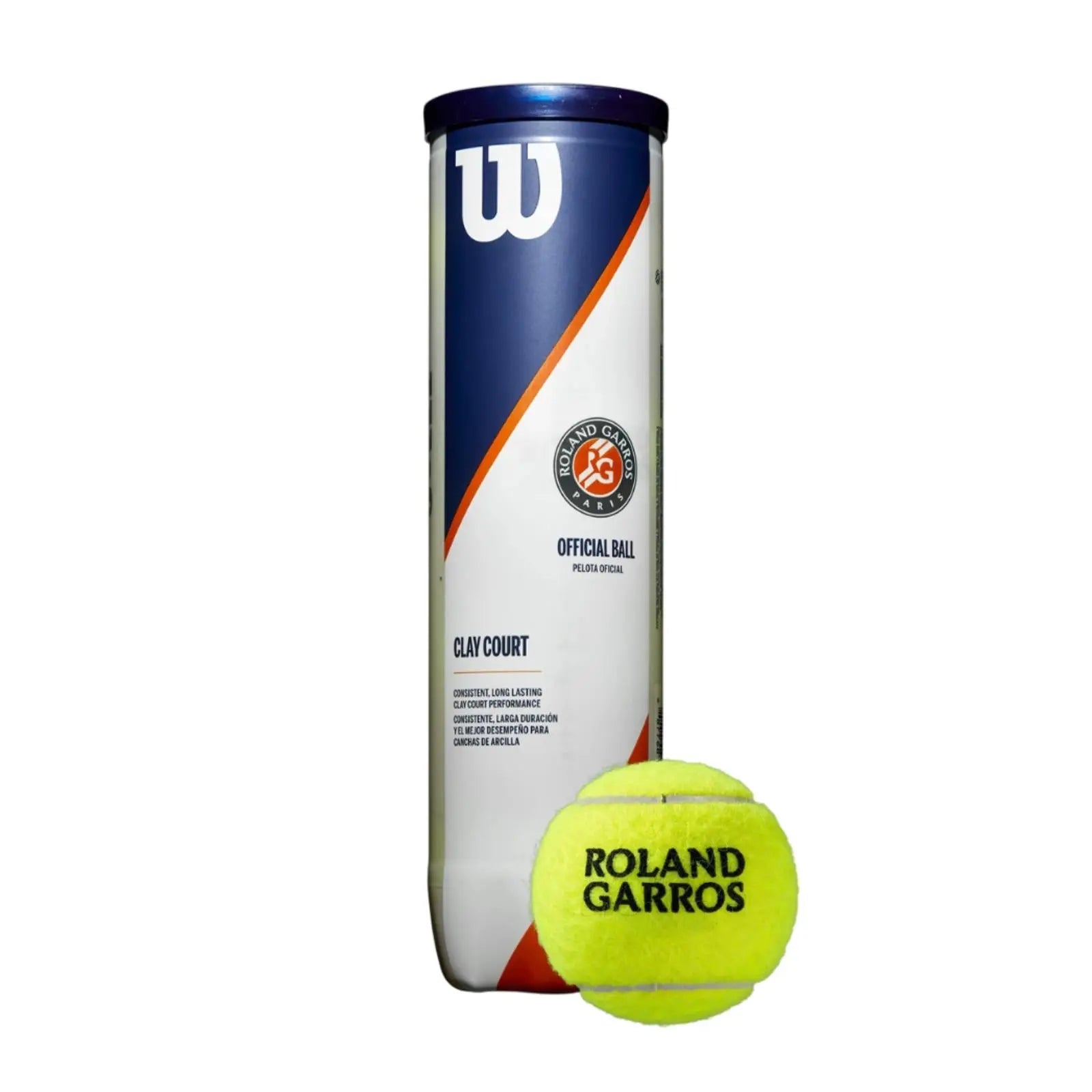Wilson Roland Garros Clay Court 4-ball can with one bright yellow tennis ball featuring the Roland Garros logo.