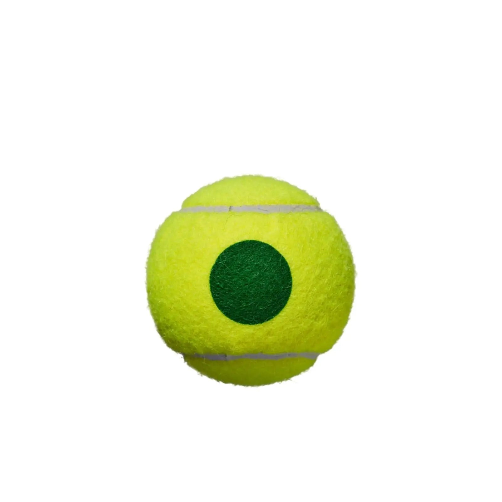 Fuzzy yellow tennis ball with a dark green circular spot in the center, designed for starter play.
