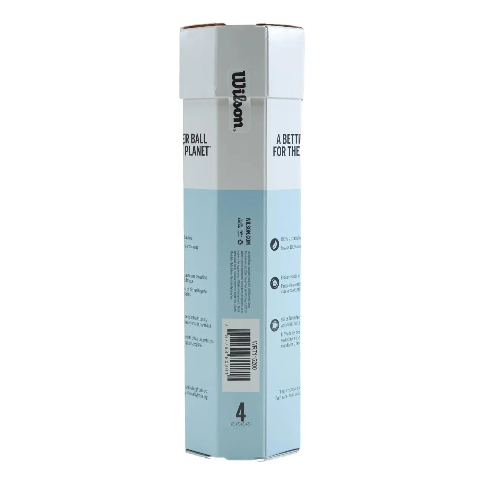 White and light blue Wilson Triniti All Court 4-ball tennis ball tube with text and barcode.