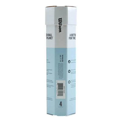 White and light blue Wilson Triniti All Court 4-ball tennis ball tube with text and barcode.