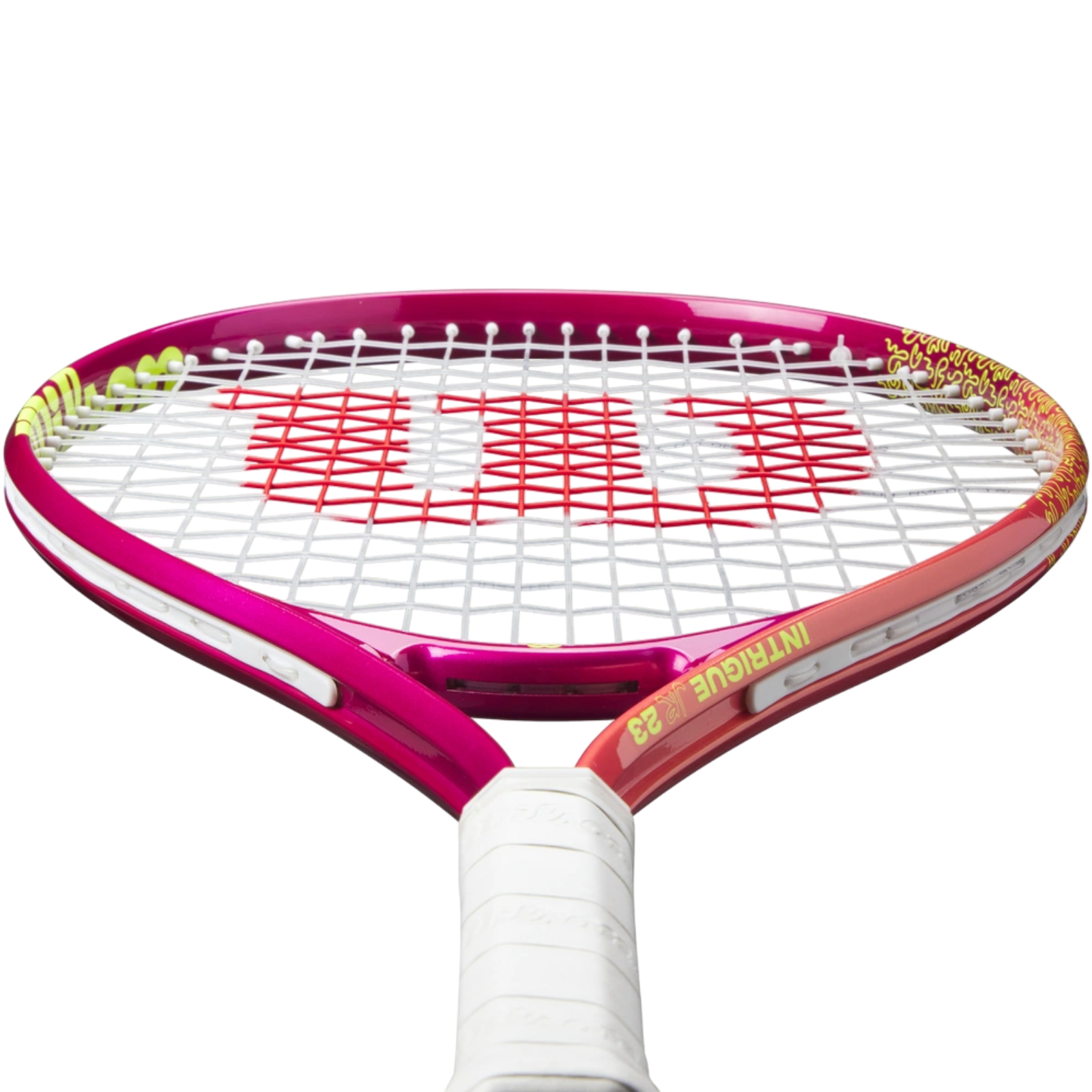 Wilson Intrigue Jr 23 tennis racquet with pink-to-orange fade frame, white strings, and red "W" logo.