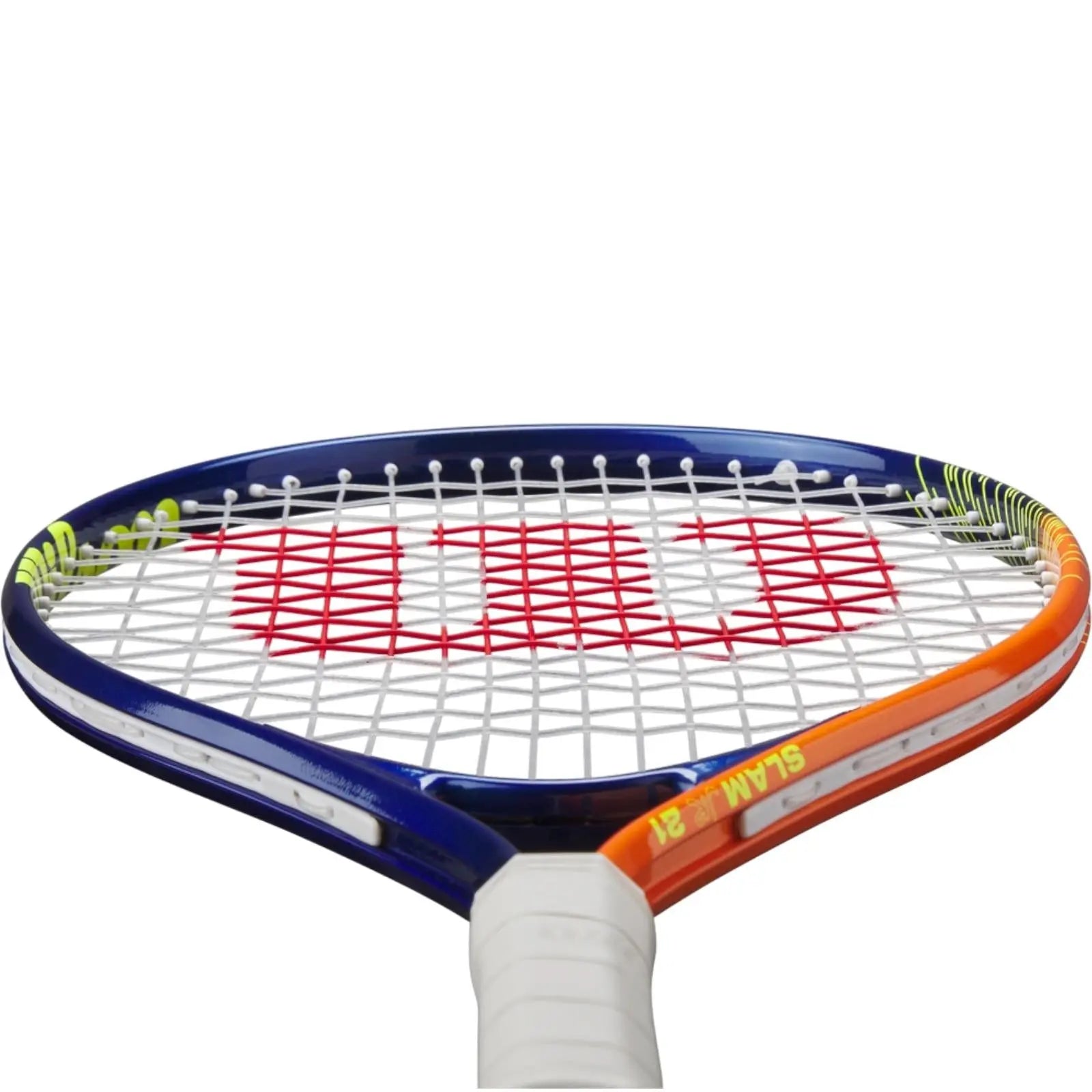 Wilson Slam Jr 21 junior tennis racquet with blue and orange frame, white strings, and red Wilson logo.
