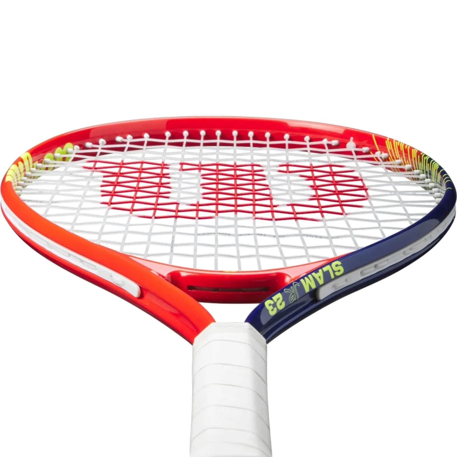 Wilson Slam Jr 23 tennis racquet with red, blue, and white frame, white strings, and yellow accents.