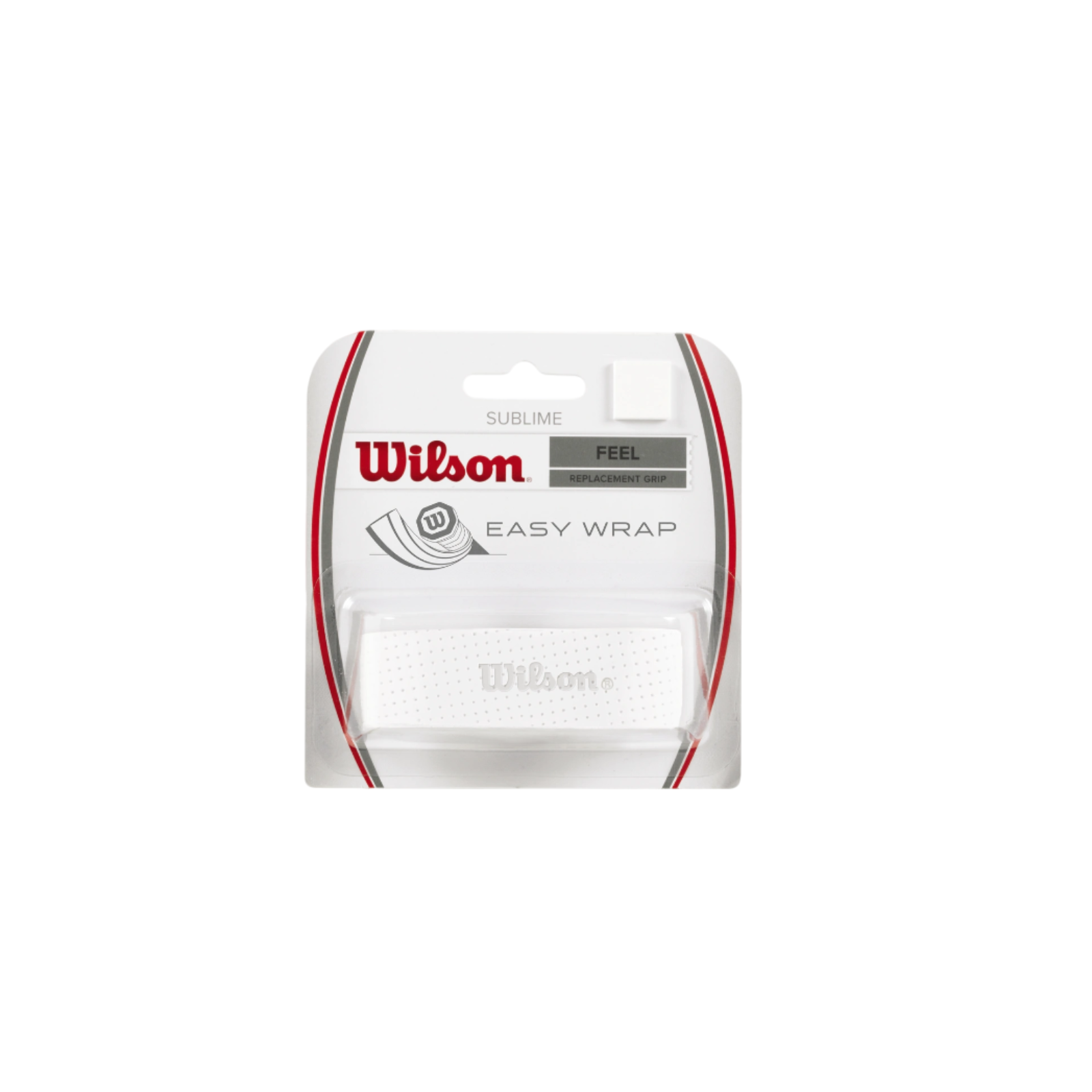 Wilson Tennis Sublime white replacement grip in clear packaging, showing perforated design.