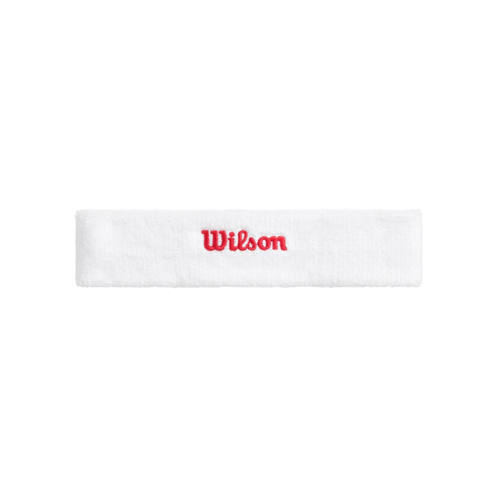 White Wilson headband with red embroidered "Wilson" logo, made from absorbent terry cloth material.